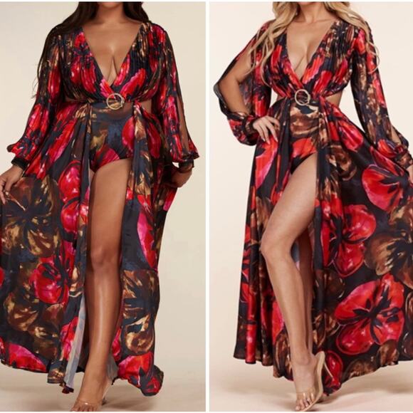 L'Atiste by Amy Dresses & Skirts - L’Atiste by Amy Red Floral Pleated Maxi Dress Women 3X Resort Vacation Boho Glam
